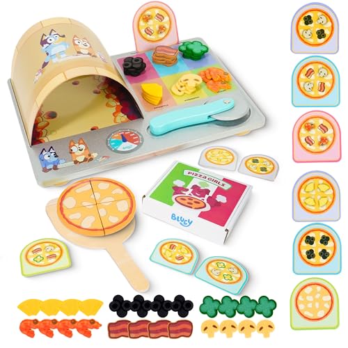 Bluey Pizza Girls Set 36 Pieces Pretend Play Food Set Wooden Playset with Oven Pizza Slices Box Cutter Paddle Order Cards and Toppings Role Play Set for Girls