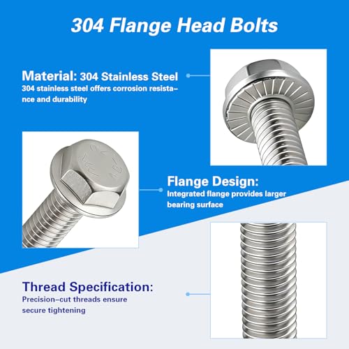 Image of M8x1.25 x 16mm Flanged Hex Head Bolts, 304 Stainless Steel (A2-70), Bright Finish, Fully Threaded, Hexagon Head Flange Bolts, Quantity 15