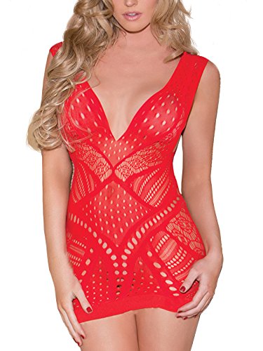 FasiCat Sexy Lingerie for Women Fishnet Halter Chemise Deep V Hot Mesh Mini Dress Bodysuit Red