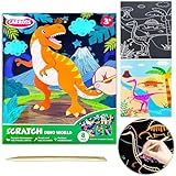 JUNQIU Scratch Art for Kids, Dinosaurs Black Rainbow Scratch Art Paper Set-Arts and Crafts & Supplies, DIY Activity & Party Games, Gifts for Toddlers, Girls & Boys Ages 3, 4, 5, 6, 7, 8