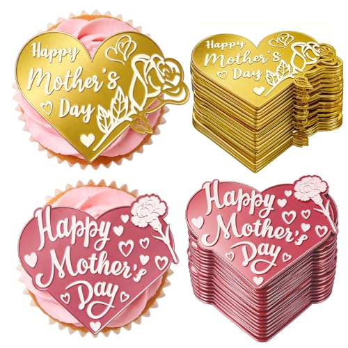 40Pcs Happy Mothers Day Cake Topper Acrylic Heart Cupcake Toppers Flower Carving Mirror Mothers Day Cake Decorations for Birthday Party Supplies Gift (2 Designs)