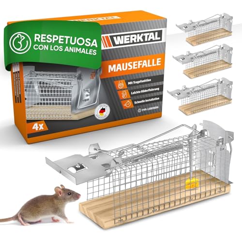 WERKTAL Trampa para ratones vivos, altamente sensible, trampa para ratones vivos, juego de 4, trampa para ratones con doble puerta, fácil fijación de cebo, trampa reutilizable para ratas vivas, con