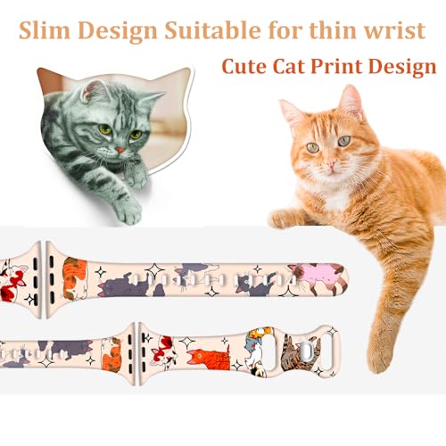 Image of Slim Cute Cartoon Band Printed Compatible with Apple Watch Bands 49mm 46mm 45mm 44mm 42mm 41mm 40mm 38mm Women, Silicone Adorable Printed Fadeless Pattern Design Strap for iWatch Series 11 10 9 8 7 6 5 4 3 2 1SE Cat