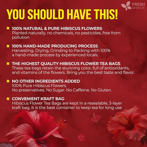 Image of FRESHDRINKUS 140 Hibiscus Flowers Tea Bags, 100% Natural, Pure from Hibiscus Flowers. Loose Flower Hibiscus Herbal Tea. Hibiscus Flower Tea. No Sugar, No Caffeine, No Gluten, Vegan.