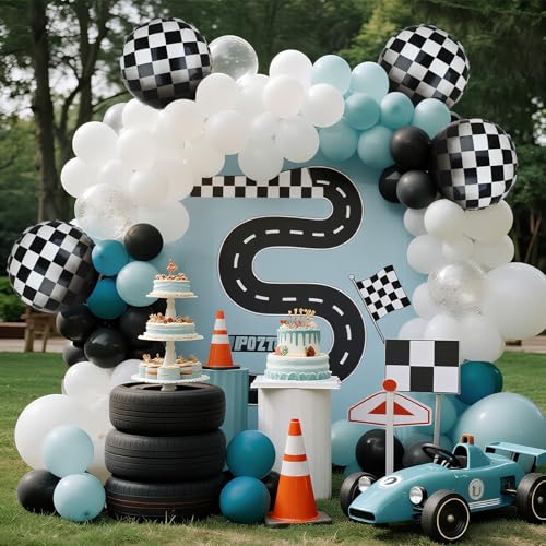 Image of Race Car Balloon Bundle Checkered Balloons Blue Black Latex Balloon Boy One Happy 1st 2nd Vintage Two Fast Theme Fast One Race Car Birthday Party Decor Supplies 20 Pcs Kit