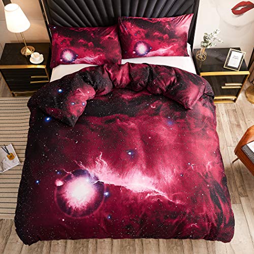 Lamejor Duvet Cover Set Queen Size 3D Galaxy Outer Space Luxury Soft Bedding Set Comforter Cover(1 Duvet Cover+2 Pillowcases) Wine Red #TOP12