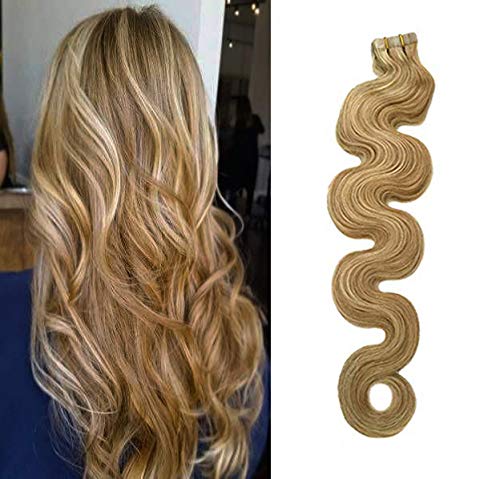 Soft Silky Tape In Human Hair Extension Balayage Highlighted Color #18 Ash Blonde with #613 Blonde 20inch 50grams/20pcs Full Cuticle Seamless Wavy Skin Weft Hair Extension (#18/613)