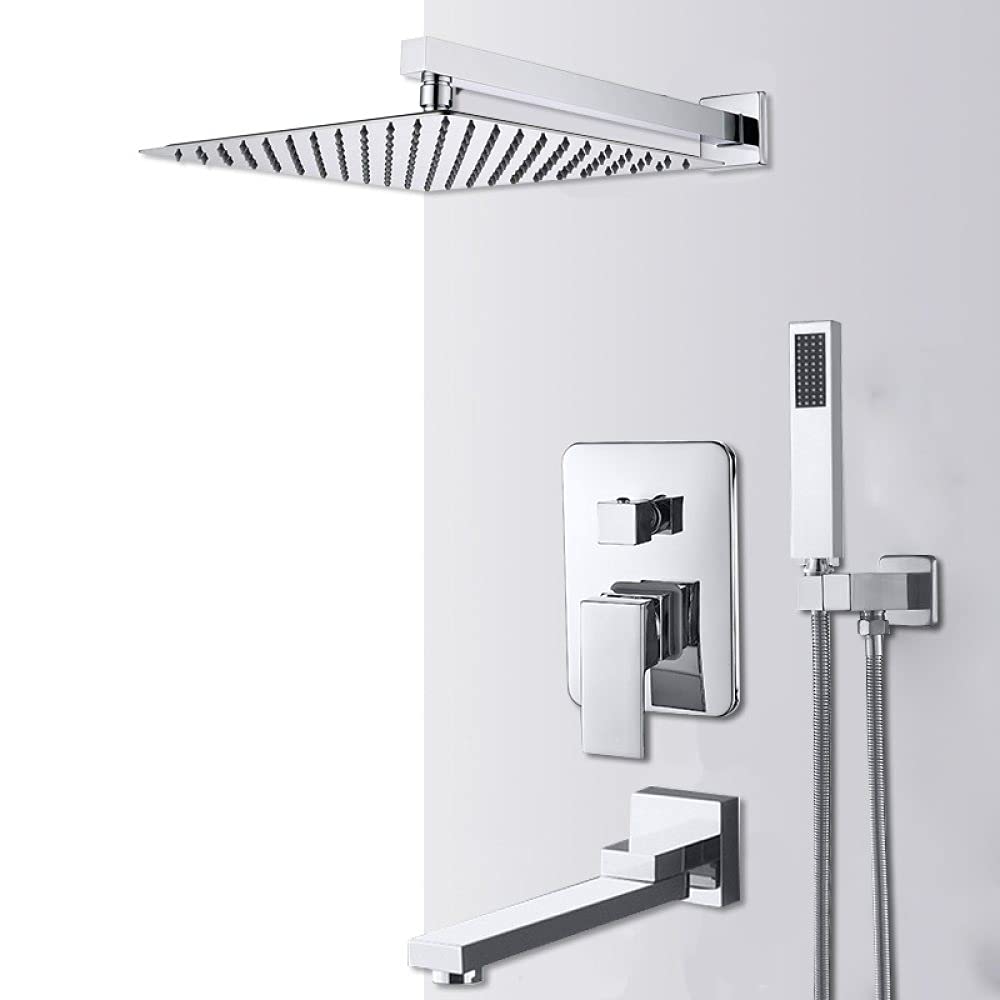 Robinet mitigeur de baignoire et de douche encastrable chrome avec tête pluie et cascade mural