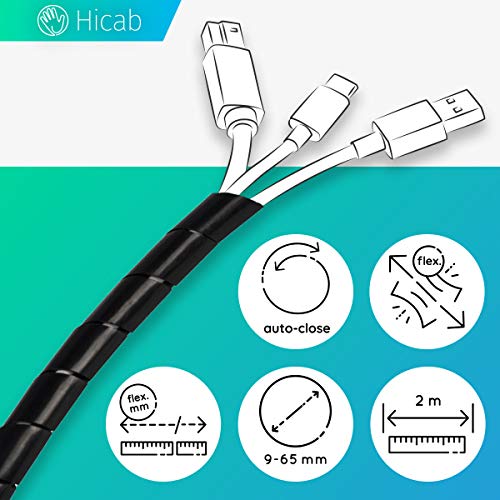 Funda helicoidal Hicab para cables, 2m de largo, diámetro: 9-65 mm. Color: negro. Espiral portacables Tubo en espiral para cables