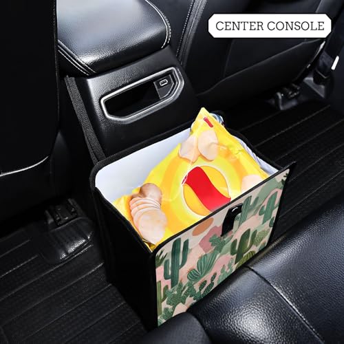 Image of Car Trash Can Organizer Bin with Adjustable Strap for Back Front Seat Console Waterproof Leakproof Collapsible Portable 8.66 Inch Boho Cacti Mountains and Sun