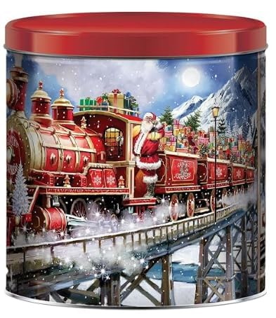 Holiday Gourmet Popcorn Gift Tin, 21 oz Christmas Train Design with 3-Flavor Assortment, Decorative Storage Container with Divider