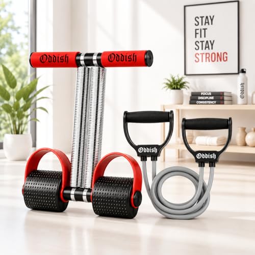 Image of ODDISH Way to Fitness Heavy Duty Double Spring Tummy Trimmer with Resistance Tube | Ab Exerciser Combo for Men & Women | Home Gym Equipment for Belly Fat Loss, Abs, Waist, Arms & Full Body Workout (Maroon)