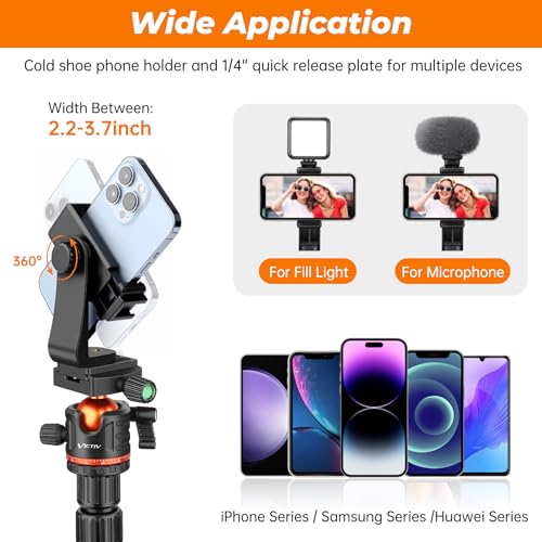Victiv 200cm Trepied Appareil Photo, Trépied de Voyage Portable & Stable, Trépieds Caméra Aluminium avec 360° Rotule Ball & Monopode Amovible pour Canon Nikon Sony DSLR, Tripod pour iPhone Smartphone – Image 6