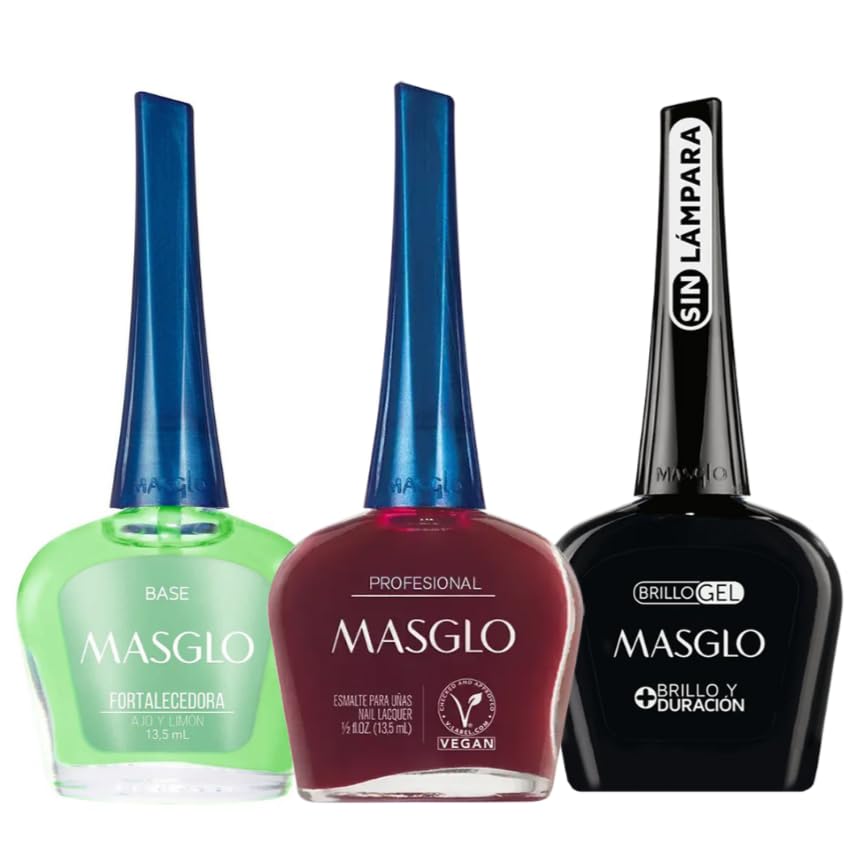 MASGLO Traditional Nail Polish 0.5 Fl. Oz. 3 piece kit with BASE FORTIFIER, color PROFESIONAL and TOPCOAT GEL