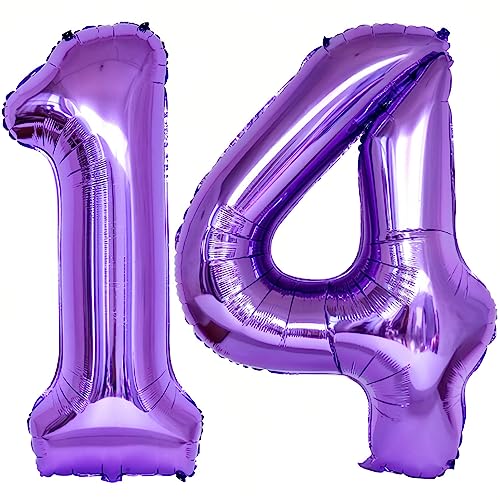 Image of Number 14 Purple Balloons 40 Inch Giant Purple 14 Number Foil Helium Balloons for 14th Purple Birthday Party Supplies 41st Anniversary Events Decorations