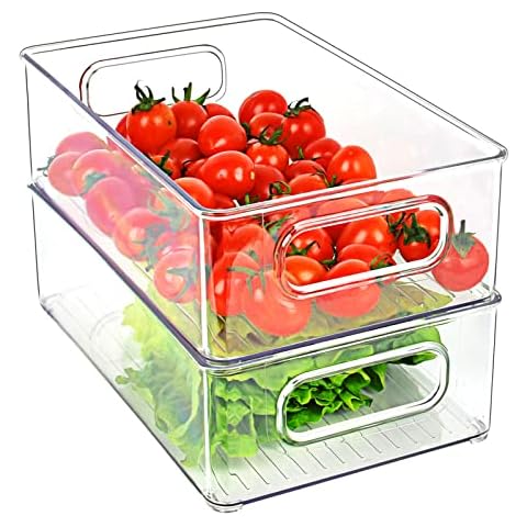 Herrfilk Fridge Organiser Set of 2, Transparent Stackable Storage Box with Handle, Tidy Fridge Organiser Set, Fridge Box Set for Kitchens, Kitchen Cupboards, Cupboards, BPA Free, Medium Cover