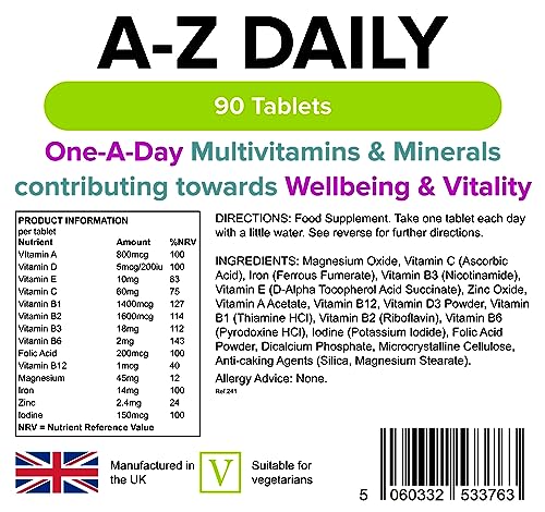 Lindens Multivitamin A-Z Daily Tablets - 90 Pack - Perfect Vitamin & Mineral Balance of Vitamin A, C, D, E, B1, B2, B3, B6, B12, Folic Acid, Magnesium, Iron, Zinc & Iodine - UK Manufacturer, Letterbox Friendly - Image 3