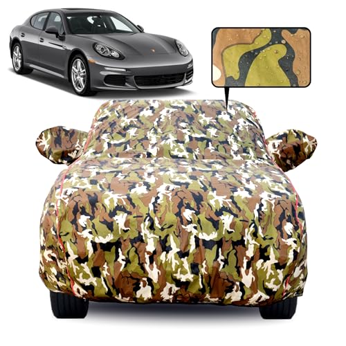 Image of Waterproof Car Body Cover for Porsche Panamera with Mirror Pocket, Soft Cotton Lining, Triple Stitched, Full Bottom Elastic (Heat Resistant Jungle Print with Red Piping)
