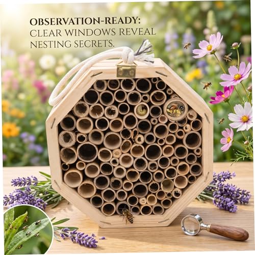 Hotel de abejas octogonal de madera natural con cuerda para exteriores 6