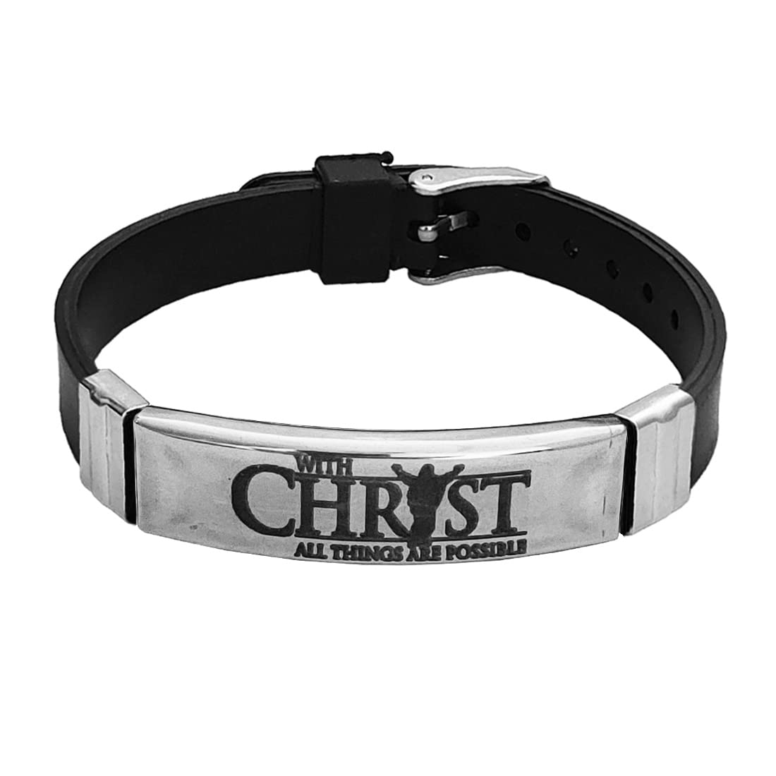Jesus Christ All Things Are Possible Engraved Of Stainless Steel Black Silicone Strap Unisex Wristband for Girls, Boys & Adults