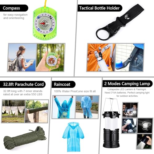Emergency Survival Kit, 151 Pcs Survival Gear First Aid Kit, Outdoor Trauma Bag with Tactical Flashlight Knife Pliers Pen Blanket Bracelets Compass for Camping Earthquake or Adventures - Image 6