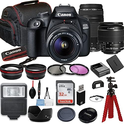 4000D (Rebel T100) DSLR Camera Bundle with EF-S 18-55mm f/3.5-5.6 Lens + EF 75-300mm f/4-5.6 III Lens + SanDisk 32GB Memory Cards + Photography Kit