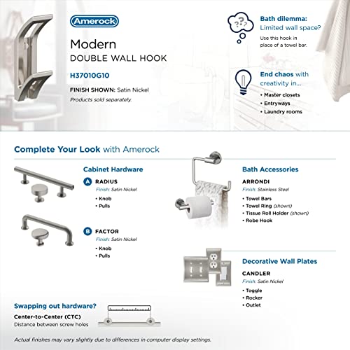Image of Amerock Avid Double Prong Satin Nickel Wall-Mounted Hook | Decorative wall hook in durable zinc construction for coats, hats, bags, towels, and everyday organization