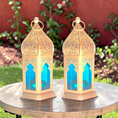 Image of Moroccan Lanterns & Candle Holders for Home Decor - Unique Diwali & Christmas Gifts (Blue, Set of 2)