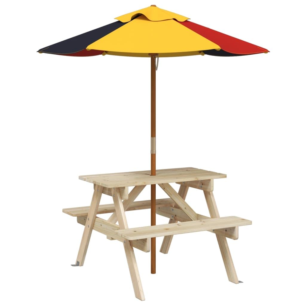 Tavolo da picnic per 4 bambini, con ombrello, in legno massello di abete