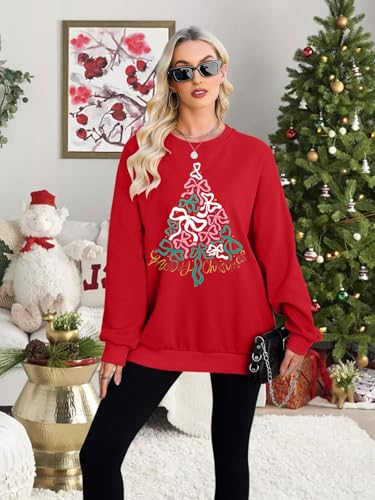 QLIPIN Christmas Sweatshirt Women Merry Christmas Bow Sweater Christmas Tree Shirt Oversized Holiday Ugly Sweaters - Image 4