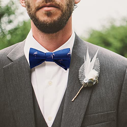 Hisdern Bow Ties For Men Self Tie Flamingo Animal Fun Blue Bowties Pocket Square Woven Silk Bowtie Handkerchief Set For Wedding Party #TOP1