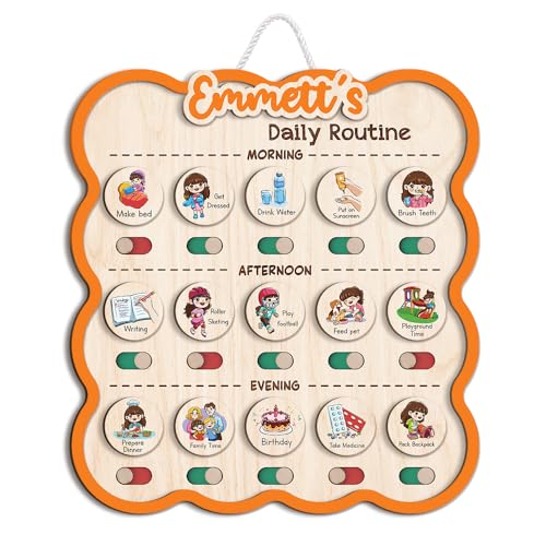 Image of Personalized Wooden Chore Chart for Kids, Daily Routine Chart for Toddlers, Visual Schedule for Kids Age 3-5, Morning Bedtime Routine for Girls (06)