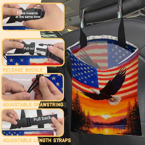 Image of Bald Eagle on American Flag Car Trash Bag,Sunset Mountain Forest Hanging Drawstring Car Garbage Bag,Canvas Car Back Seat Organizer with Adjustable Buckle for Men and Women