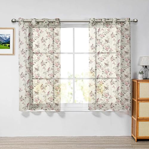 Image of Cortina Linen Printed Sheer Curtain Set of 2 Eyelet Ring Hanging, Floral Printed Curtains Non Blackout Light Filtering Curtains (Pink, 5FT)