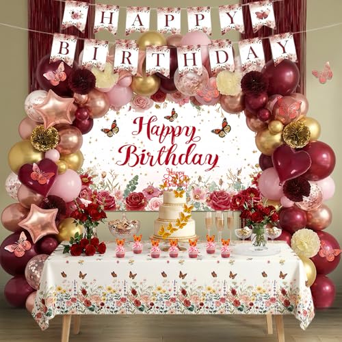 Burgundy Red Rose Birthday Decorations for Women Decoracion de Cumpleaos para Mujer - 169Pcs Balloon Arch Kit with Fabric Backdrop Tablecloth 3D Butterflies