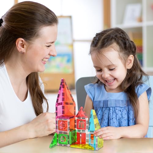 Image of PicassoTiles Magnet Tile Building Blocks 48 Piece Travel Sized Playset with Windows and Clip-on Doors Construction Stacking Magnetic Tiles Block Learning Educational STEM Toy Boys Girls Age 3+ PTM48