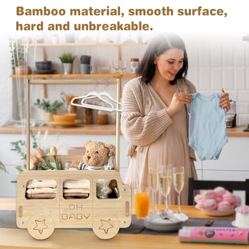 Image of fun-plus Baby Shower Crate Closet, Bus Shape Baby Shower Basket with Handle Baby Storage Crate, Wooden Crate for Pregnancy New Parent (Bamboo made)