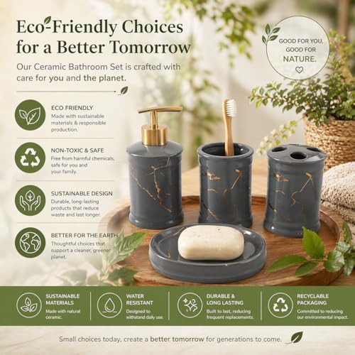 Image of Whizzo Ceramic Bathroom Set - Italian 4 Piece Bath Accessories Set with Soap Dispenser, Toothbrush Holder, Tumbler & Soap Dish - Modern & Designer Decor for Home & Guest Bathrooms (BS-822-GREY)