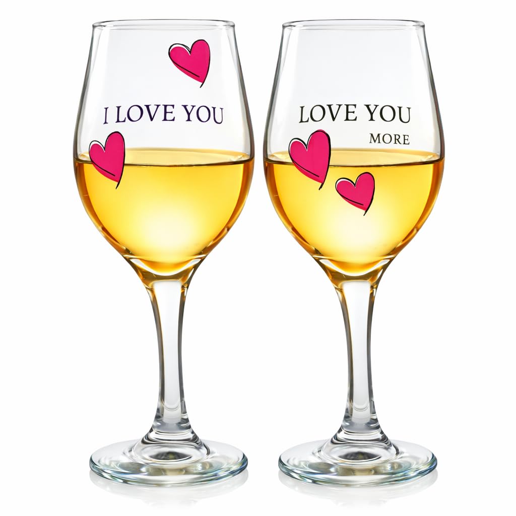 Love You More Wine Glass - Set of 2 Glasses with Pink Decorative Hearts - His and Her Romantic Glassware