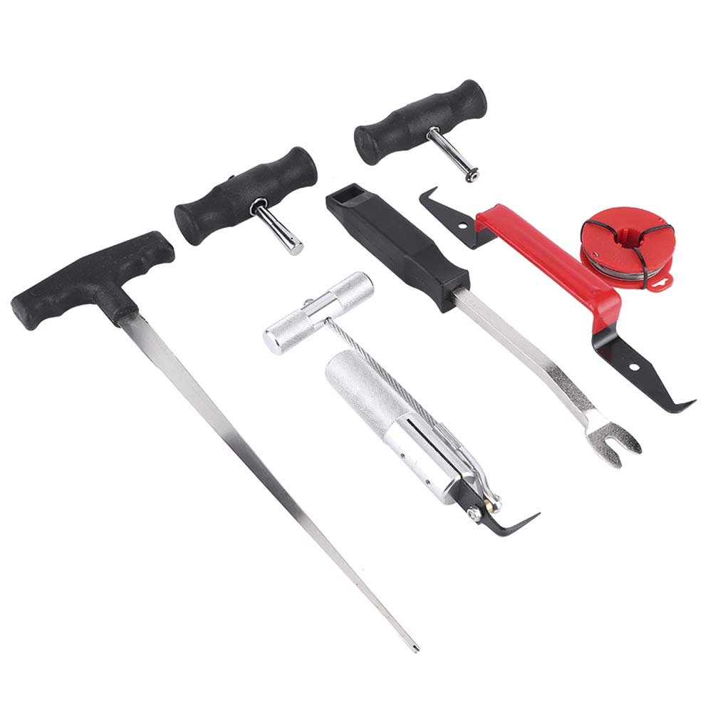 Aramox Kit de Herramientas para Quitar Parabrisas de Coche, Juego de Herramientas de Extracción de Parabrisas de Aleación con Alambre de Acero y Asas, Kit de Desmontaje de Vidrio de 7 Piezas para