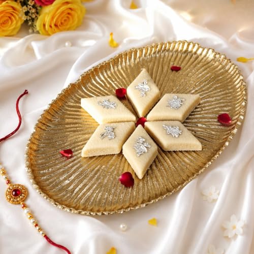 Image of BEHOMA Aluminium Sunburst Pooja Thali Tray, Golden, 24cm | Handcrafted sunburst golden aluminium tray, 24cm; premium pooja thali for temple & Diwali decor.