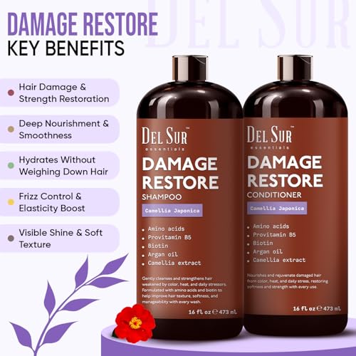 Image of DEL SUR Hair Repair Shampoo and Conditioner Set | 16 fl oz Each | with Camellia Japonica, Amino Acids, Biotin & Argan Oil | Moisturizing Strength & Damage Repair for Dry, Damaged Hair