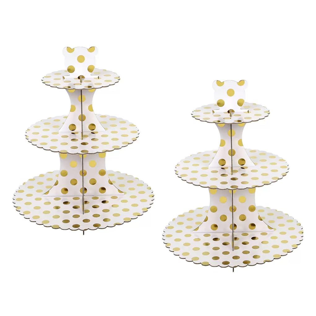 2PCS Cake Stand Card board Cupcake Stand 3 Tier Cupcake Dessert Holder Cardboard Round Tower Cardboard Cake Stands for Afternoon Tea, Birthday, Party, Baby Showers (Golden Dots)