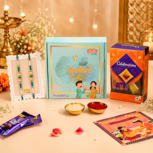 Image of Gifticon Rakhi for Brother with Chocolate | Premium Designer Rakhi, Chocolate, Roli Chawal, Greeting Card & Premium Gift Box | Rakhi Hamper for Raksha Bandhan