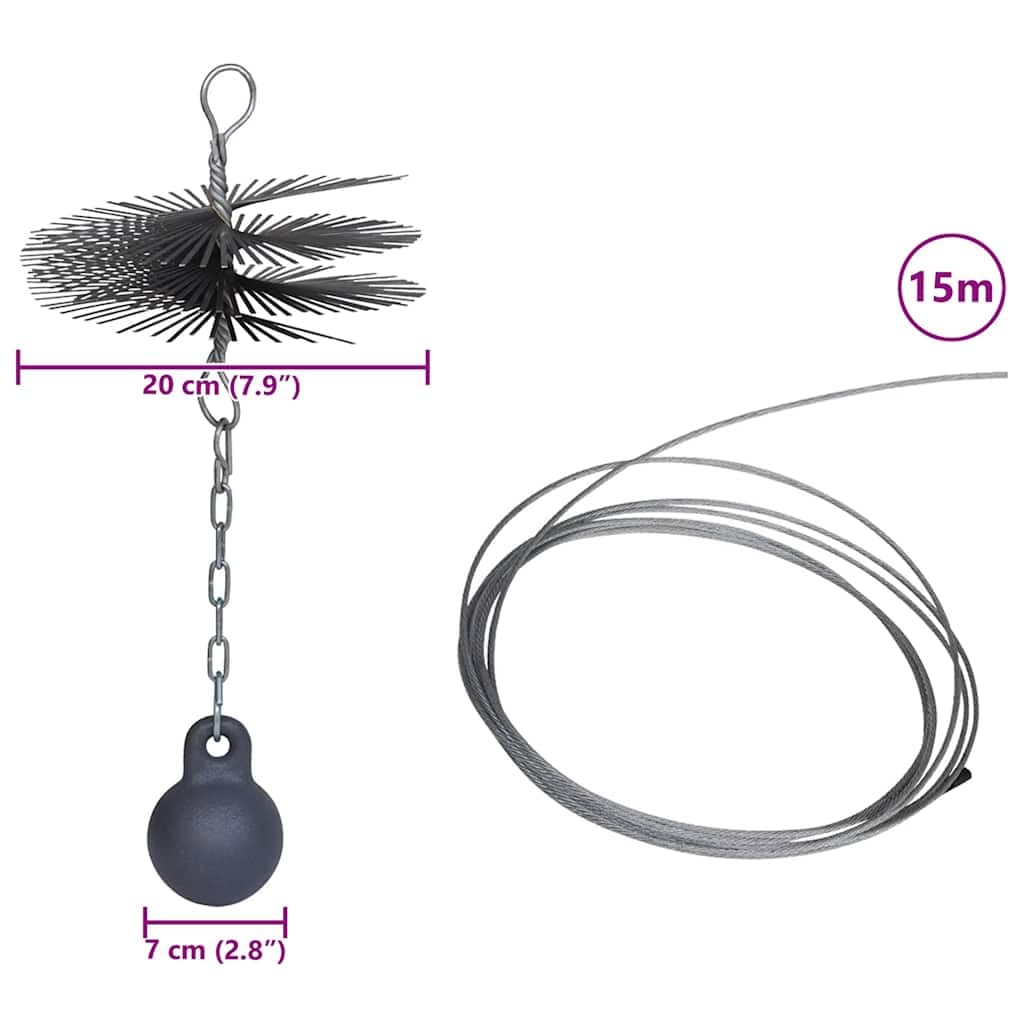 Okrągła miotła kominkowa o średnicy 20 cm, stal z liną 15 m i kulką 1,41 kg do czyszczenia komina, pieca kaflowego i pieca na pellet