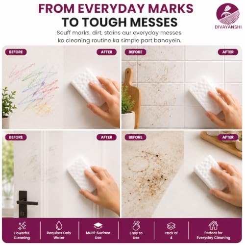 Image of Divayanshi Magic Eraser Sponge Pack of 4 | Powerful Stain Remover with Just Water | No Scratch Multi-Surface Cleaning Sponge for Kitchen, Bathroom, Walls, Shoes & Switchboards
