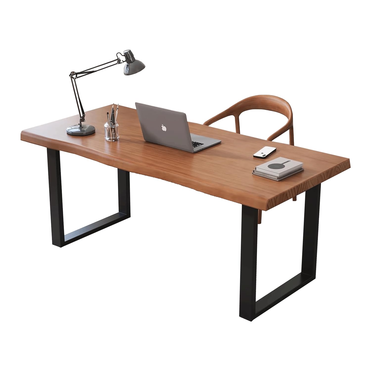 KunAndPeng Stylish Solid Wood Office Desk with Sturdy Metal Base - Durable Executive Computer Desk or Dining Table in Multiple Sizes - Perfect for
