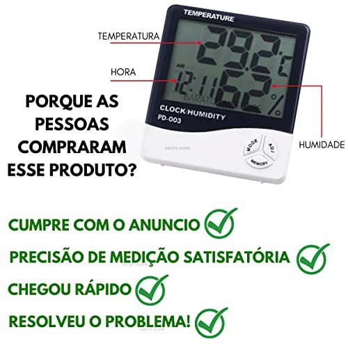 Termômetro Relógio Digital Higrometro Medidor De Temperatura Umidade Alarme