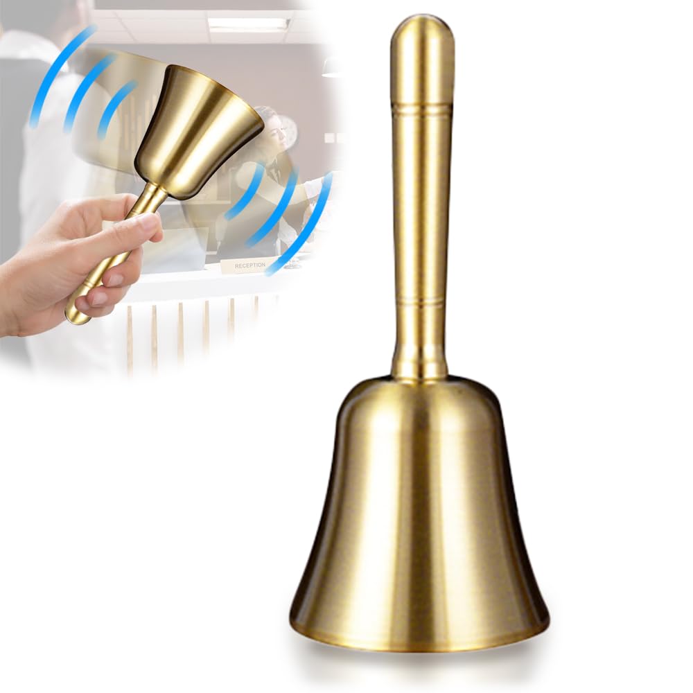 Udbrud Campana de Mano de Metal, Campanillas de Metal con Mango Campana de Servicio Campana de atención Campana de latón Timbre de Recepción Campanas de Mano Noel para Hoteles Cocina Bar (Oro)