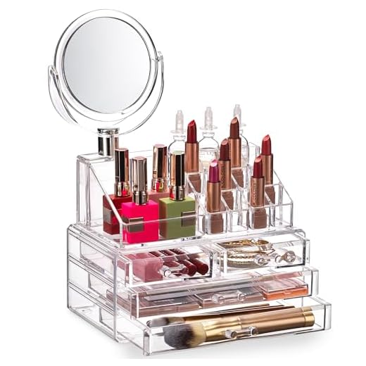 27+ Creative Vanity Organization Ideas You’ll Love 6 Masirs Clear Makeup Organizer with Mirror – 16-Compartment Cosmetic and Jewelry Holder, 4-Drawer Vanity Storage, Elegant Clear Design for Makeup and Accessories